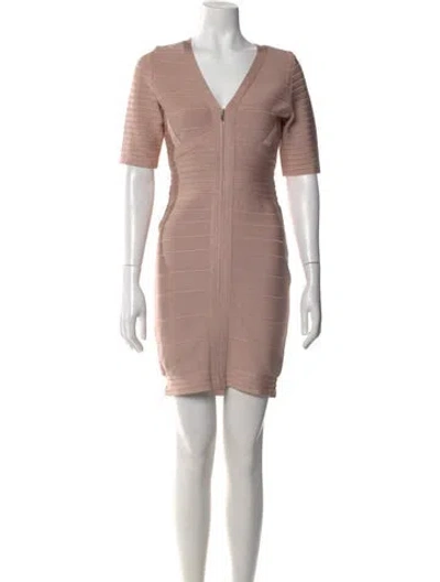 Pre-owned Herve Leger V-neck Mini Dress In Pink