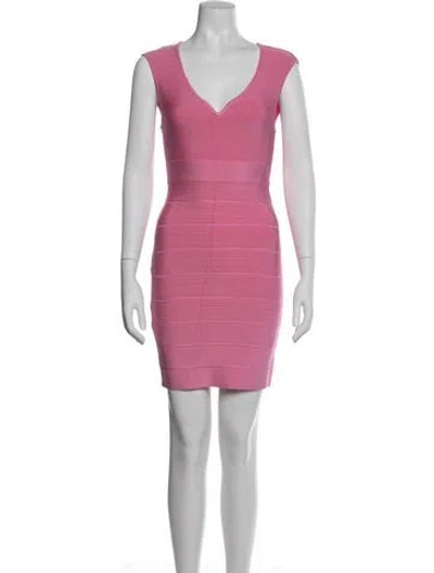 Pre-owned Herve Leger V-neck Mini Dress In Pink