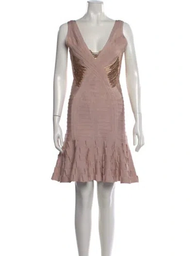 Pre-owned Herve Leger V-neck Mini Dress In Pink