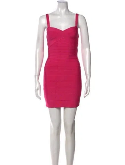 Pre-owned Herve Leger V-neck Mini Dress In Pink