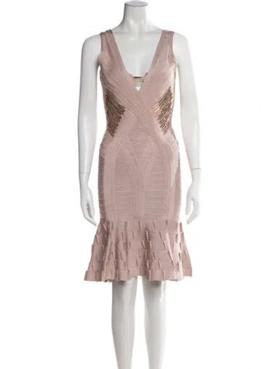 Pre-owned Herve Leger V-neck Mini Dress In Pink