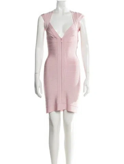 Pre-owned Herve Leger V-neck Mini Dress In Pink