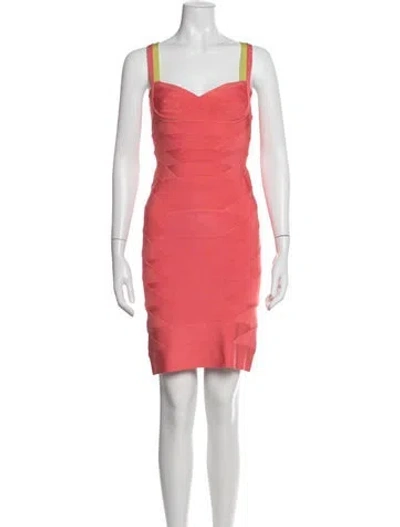 Pre-owned Herve Leger V-neck Mini Dress In Pink