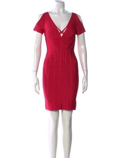 Pre-owned Herve Leger V-neck Mini Dress In Pink
