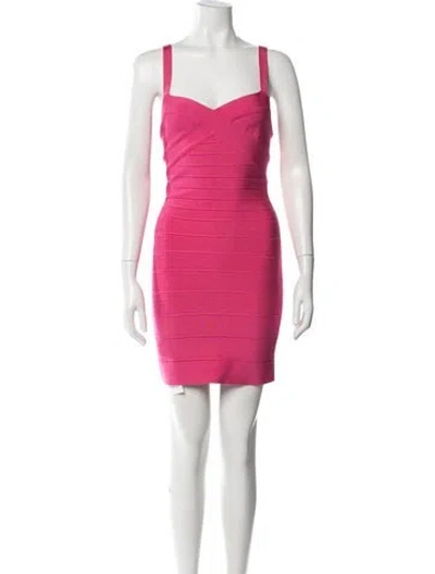 Pre-owned Herve Leger V-neck Mini Dress In Pink