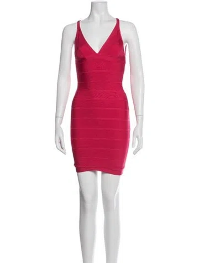 Pre-owned Herve Leger V-neck Mini Dress In Pink