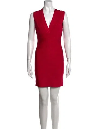 Pre-owned Herve Leger V-neck Mini Dress In Pink