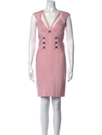 Pre-owned Herve Leger V-neck Mini Dress In Pink