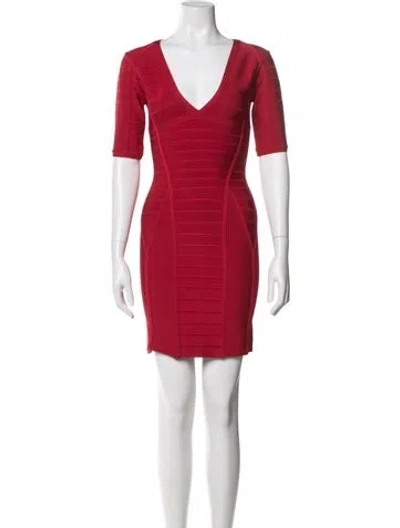 Pre-owned Herve Leger V-neck Mini Dress In Pink