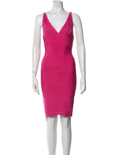 Pre-owned Herve Leger V-neck Mini Dress In Pink