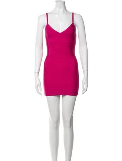Pre-owned Herve Leger V-neck Mini Dress In Pink