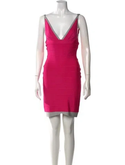 Pre-owned Herve Leger V-neck Mini Dress In Pink