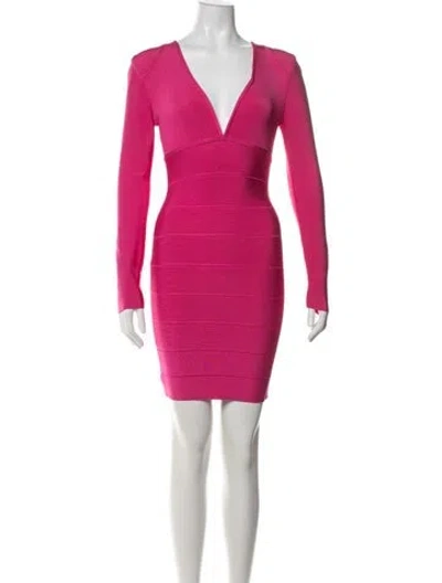 Pre-owned Herve Leger V-neck Mini Dress In Pink
