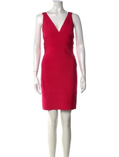 Pre-owned Herve Leger V-neck Mini Dress In Pink