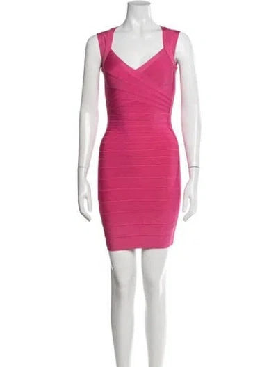Pre-owned Herve Leger V-neck Mini Dress In Pink