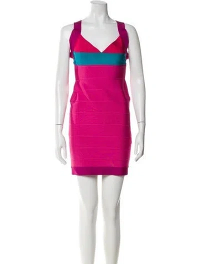 Pre-owned Herve Leger V-neck Mini Dress In Pink
