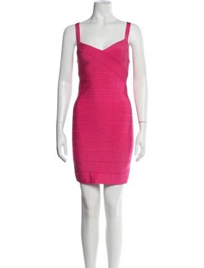 Pre-owned Herve Leger V-neck Mini Dress In Pink