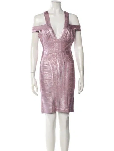 Pre-owned Herve Leger V-neck Mini Dress In Purple