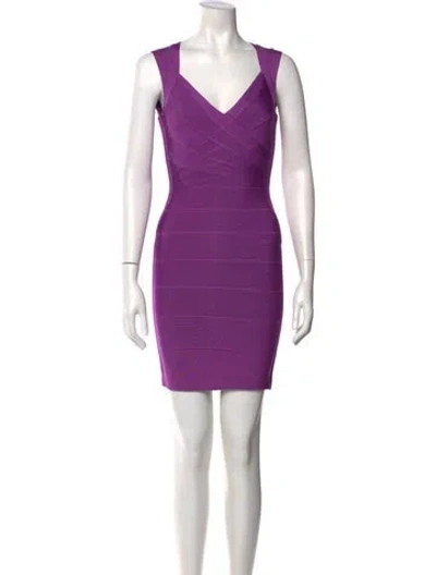 Pre-owned Herve Leger V-neck Mini Dress In Purple