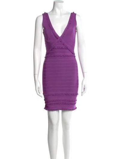 Pre-owned Herve Leger V-neck Mini Dress In Purple