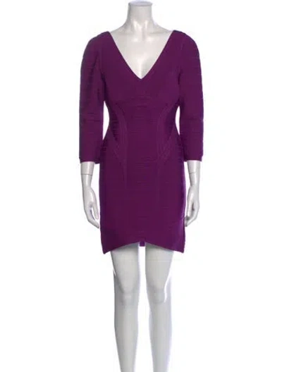 Pre-owned Herve Leger V-neck Mini Dress In Purple