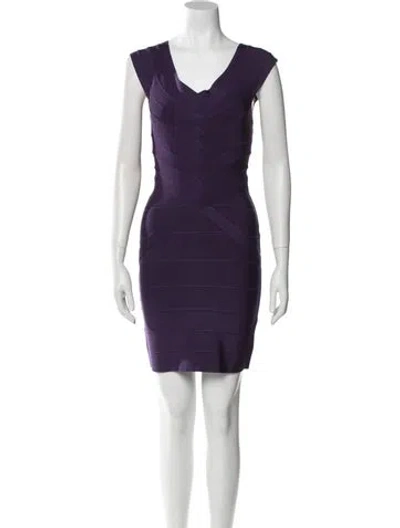 Pre-owned Herve Leger V-neck Mini Dress In Purple