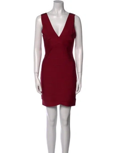 Pre-owned Herve Leger V-neck Mini Dress In Purple