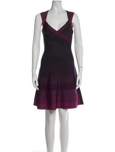 Pre-owned Herve Leger V-neck Mini Dress In Purple