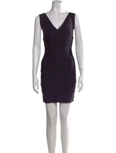Pre-owned Herve Leger V-neck Mini Dress In Purple