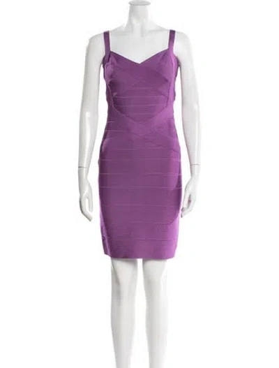 Pre-owned Herve Leger V-neck Mini Dress In Purple