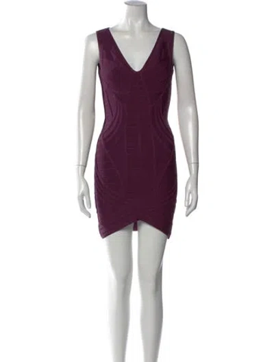 Pre-owned Herve Leger V-neck Mini Dress In Purple