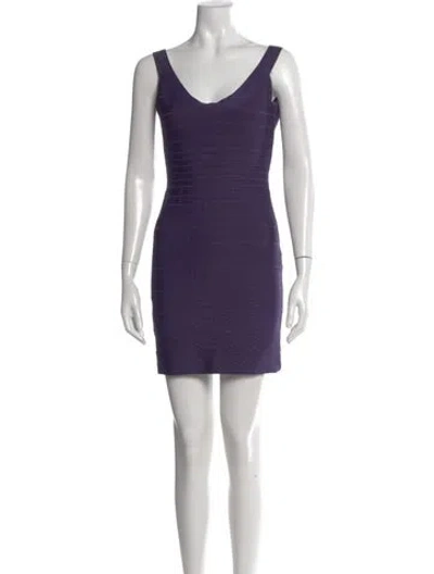 Pre-owned Herve Leger V-neck Mini Dress In Purple