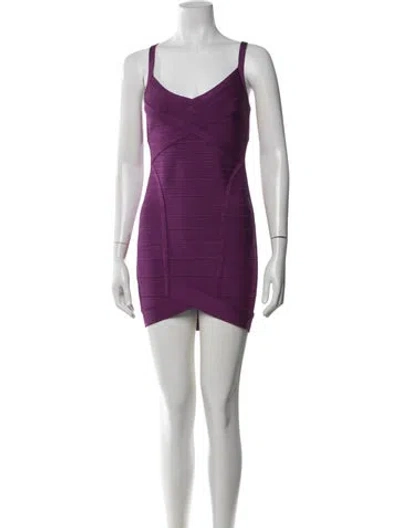 Pre-owned Herve Leger V-neck Mini Dress In Purple
