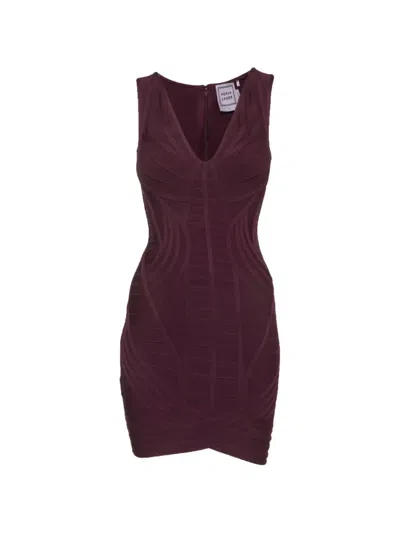 Pre-owned Herve Leger V-neck Mini Dress In Purple