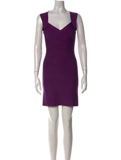 Pre-owned Herve Leger V-neck Mini Dress In Purple