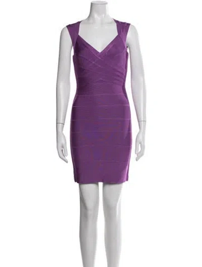 Pre-owned Herve Leger V-neck Mini Dress In Purple