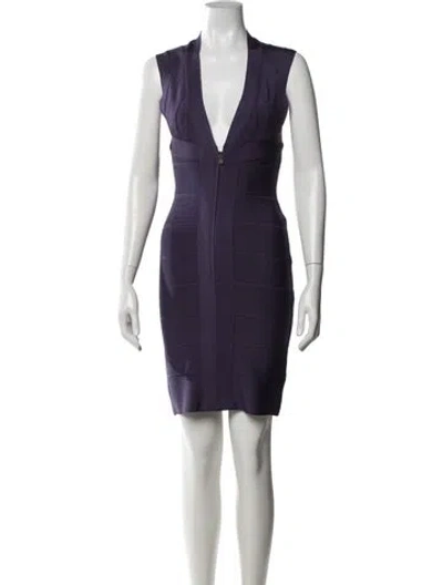 Pre-owned Herve Leger V-neck Mini Dress In Purple
