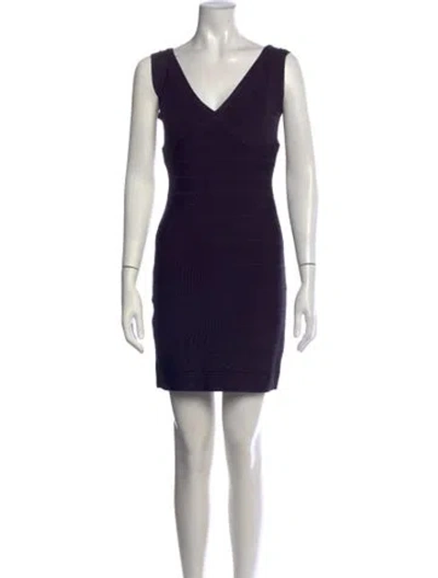 Pre-owned Herve Leger V-neck Mini Dress In Purple