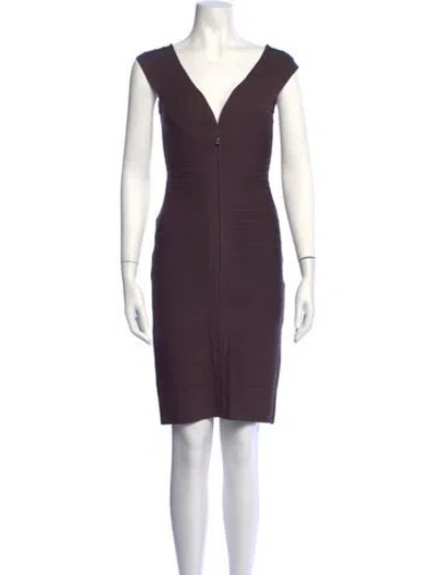 Pre-owned Herve Leger V-neck Mini Dress In Purple