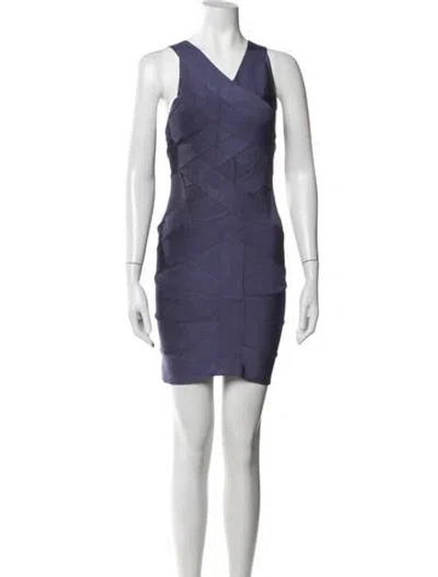 Pre-owned Herve Leger V-neck Mini Dress In Purple