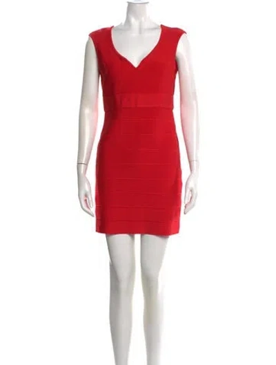 Pre-owned Herve Leger V-neck Mini Dress In Red