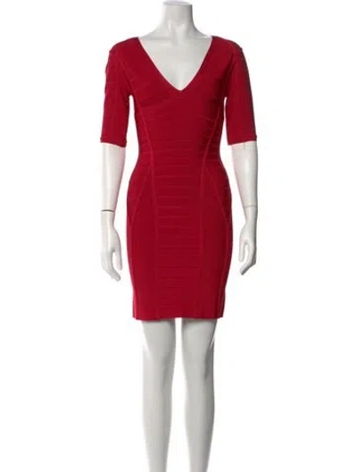 Pre-owned Herve Leger V-neck Mini Dress In Red