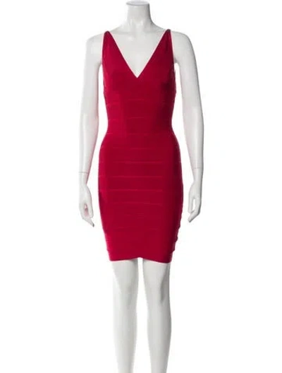 Pre-owned Herve Leger V-neck Mini Dress In Red