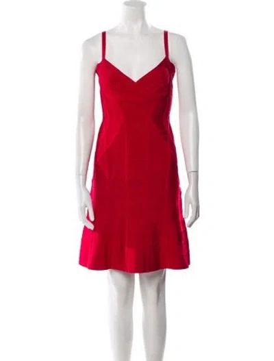 Pre-owned Herve Leger V-neck Mini Dress In Red