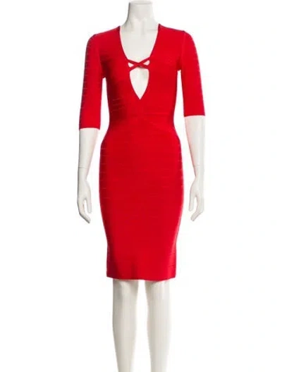 Pre-owned Herve Leger V-neck Mini Dress In Red