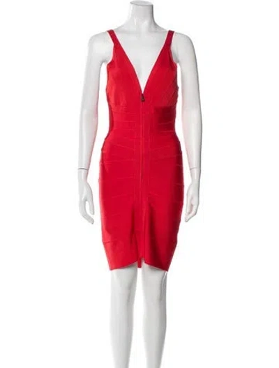Pre-owned Herve Leger V-neck Mini Dress In Red