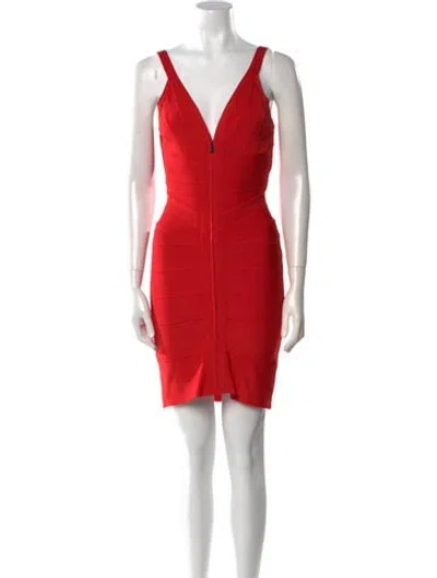 Pre-owned Herve Leger V-neck Mini Dress In Red