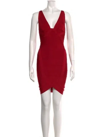 Pre-owned Herve Leger V-neck Mini Dress In Red