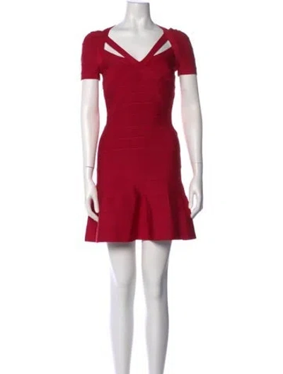 Pre-owned Herve Leger V-neck Mini Dress In Red