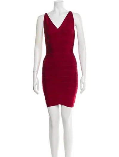 Pre-owned Herve Leger V-neck Mini Dress In Red